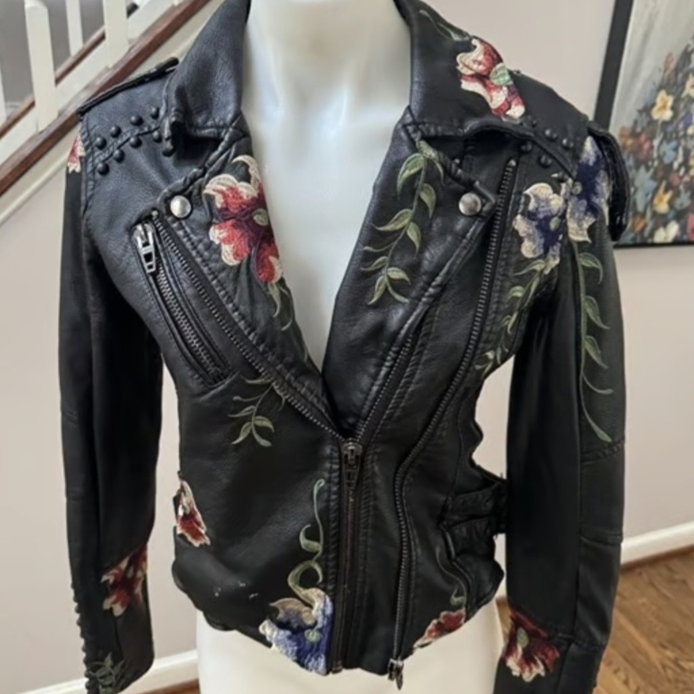 Embroidered Black Leather Jacket